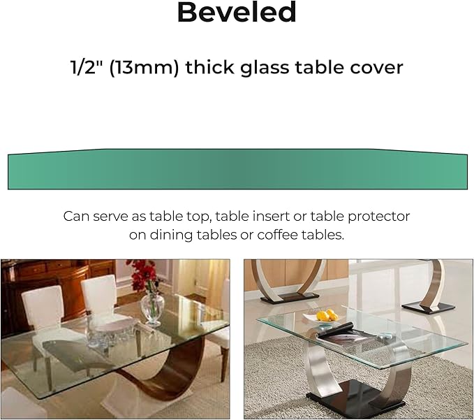 Fab Glass and Mirror Rectangle 36x54 Inch 1/2" Thick, Beveled Tempered Radius Corners Glass Table Top, 36" x 54", Clear