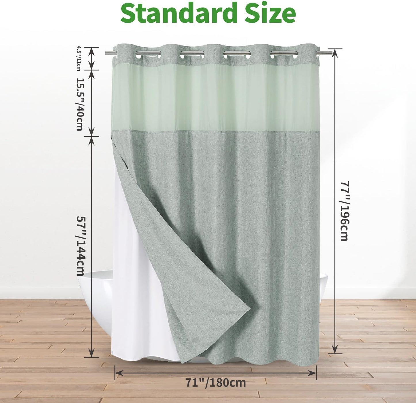 No Hooks Needed Linen Textured Shower Curtain with Snap-in Fabric Liner Set,Sage Green Hotel Luxury Decor Shower Curtains for Bathroom,Water Repellent & Washable,71Wx77H