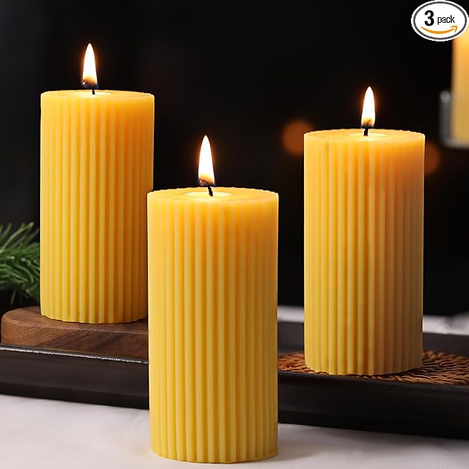 3 Pack Pure Beeswax Pillar Candles Bulk, Organic Ribbed Bees Wax Decorative Candles for Home Decor-1.96x3.85 Inch, Unscented Long Burning Natural Bees Wax Pillar Bulk Aesthetic Candles-105 Hours
