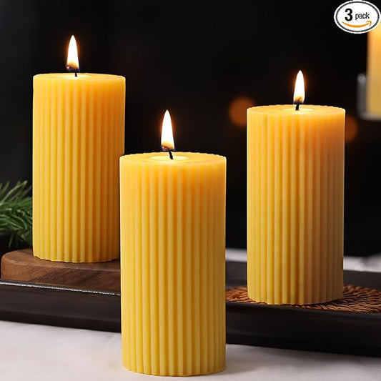 3 Pack Pure Beeswax Pillar Candles Bulk, Organic Ribbed Bees Wax Decorative Candles for Home Decor-1.96x3.85 Inch, Unscented Long Burning Natural Bees Wax Pillar Bulk Aesthetic Candles-105 Hours
