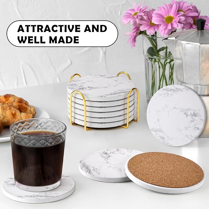 GOH DODD Coasters for Drinks Set of 6, Absorbent Marble Style Ceramic Coaster Tabletop Protection Home Decor with Metal Holder for Coffee Table, Housewarming Gifts Wedding Party, White, Round, 4 Inch