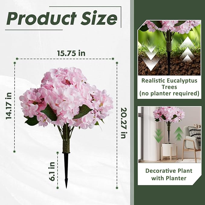Set of 2 Artificial Hydrangea with Metal Stands, 20 Inch Tall Faux Purple Pink Flower Arrangement, Outdoor Garden Decor for Yard, Patio, Porch - Spring Summer Decoration