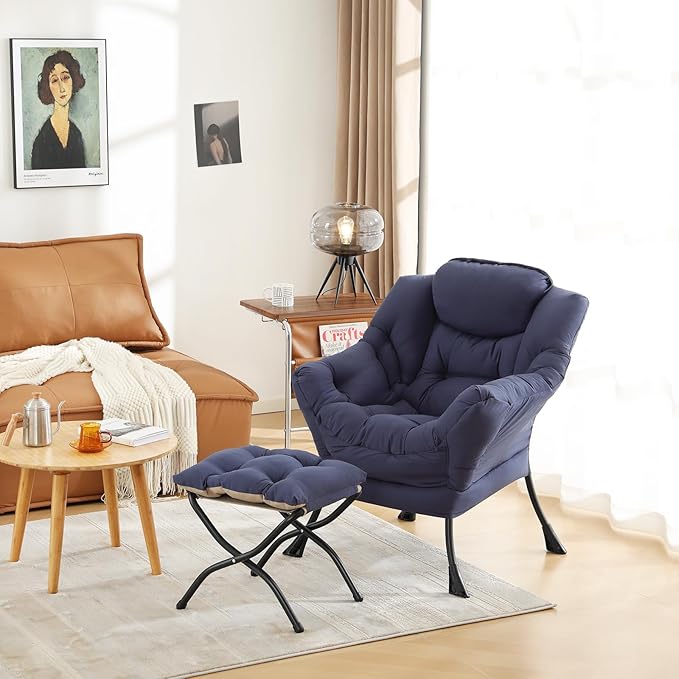 Cozy Lazy Chair and Ottoman, Large Contemporary Accent Lounge Chair Set, Leisure Upholstered Reading Armchair for Bedroom, Living Room, Dorm Rooms, Office