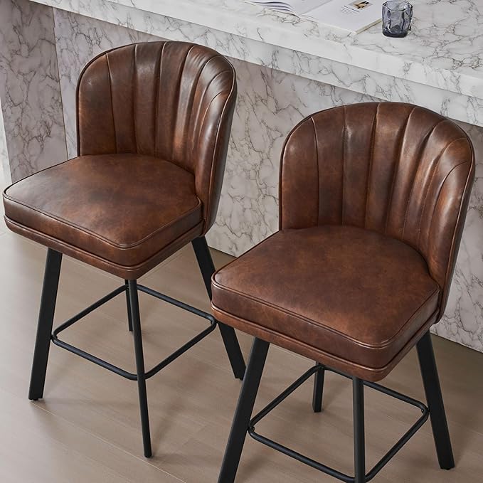 Swivel Counter Height Bar Stools Set of 2, 26'' Modern Barstools with Backs and Metal Legs, Upholstered Bar Chairs, Faux Leather Brown Stools for Kitchen Island Chairs