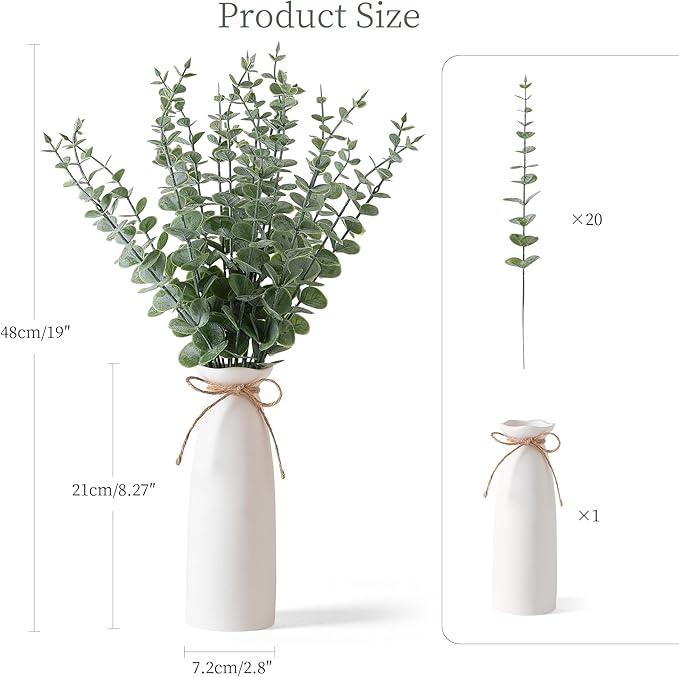 Vase with Greenery, 20pcs Artificial EucalyptusStems in White Vase, Boho Home Decor Plant, 19" Decorative Fake Plants for Home Farmhouse Mantle Centerpiece Decor