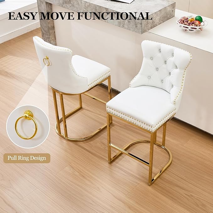 UVV Counter Height Bar Stools Set of 3, 26" Modern Barstools with Back, Faux Leather Upholstery Counter Chairs with Metal Legs for Kitchen Island, Bar, Counter, White