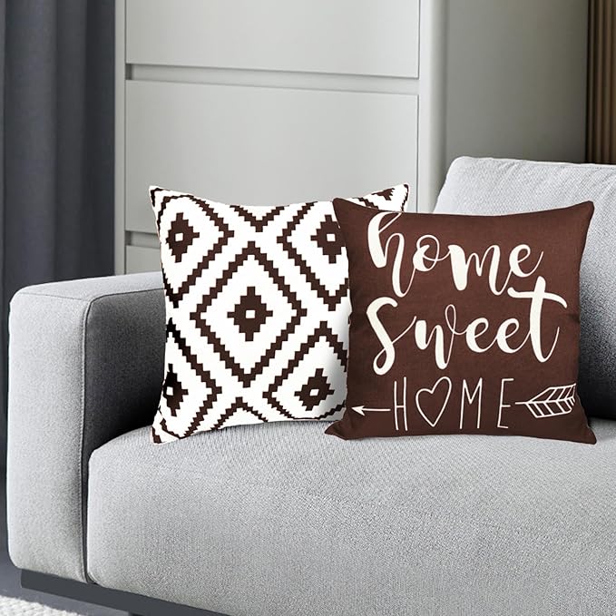 Decorative Throw Pillow Covers Set of 4 Brown Pillow Covers 22x22 inch Throw Pillow Cases Linen Square Pillow Case,Farmhouse Outdoor Modern Geometric Pillow Covers for Couch Sofa Living Room