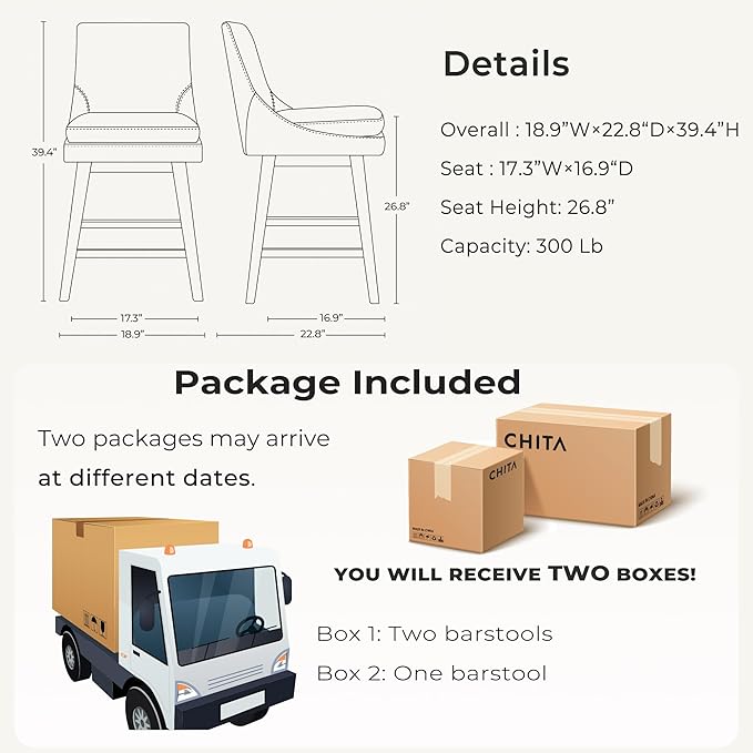 CHITA Counter Height Swivel Bar Stools Set of 3, FSC Certified Upholstered Faux Leather Barstool Chairs with Back, 26.8" H Seat Height, PU Leather in Pure White