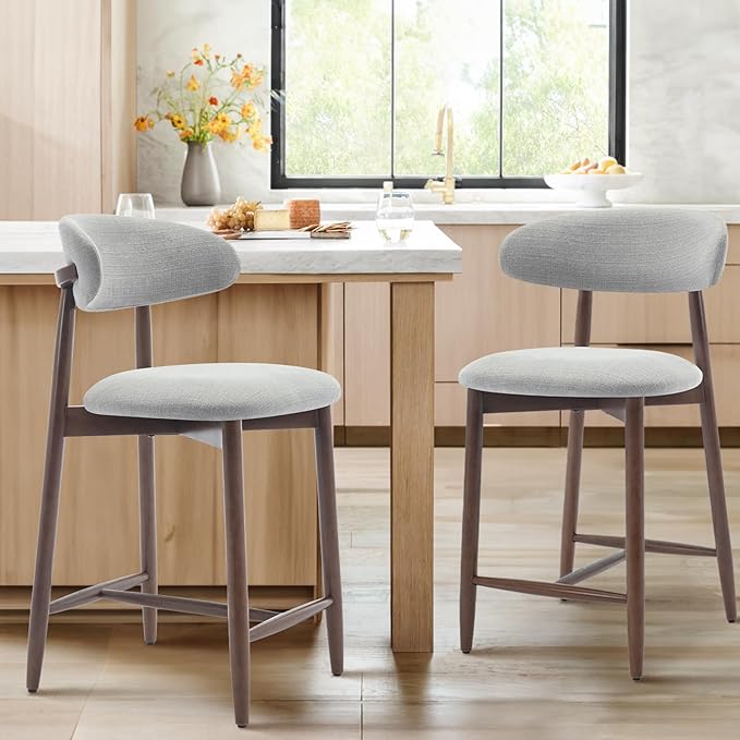 COLAMY Wood Bar Stools Set of 2, Counter Height Bar Stools, Mid Century Modern Stools with Back, 25 Inch Upholstered Wooden for Kitchen Island Dining Room Bar, Light Grey