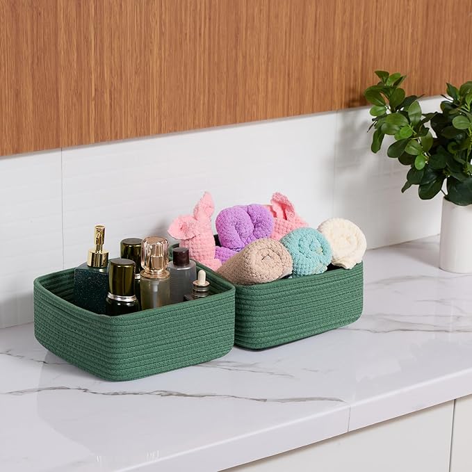 Small Square Shallow Baskets for Organizing, 9.7x9.7x4.3 Inch Rope Woven Storage Bins for Cubes Closet, Shelves Storage, Boho Decorative Basket, 2 Packs Green