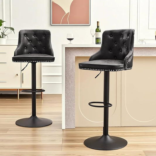 Modern Counter Stools Set of 2, Swivel Counter Height Bar Stools with Back and Armrests, 25'' to 33'' Adjustable Height PU Leather Bar Chairs with Rivets for Kitchen Island, Black
