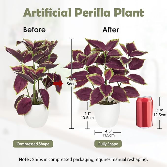 Artificial Plants Indoor 14.2" Small Fake Perilla Plant in Pot Potted Plants Artificial Decor Faux House Plant with White Pot for Farmhouse Home Office Bathroom Living Room Table Shelf Decor