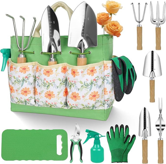 Gardening Tools 10-Piece Heavy Duty Stainless Steel Hand Tools with Durable Garden Tools Storage Tote,Rust-Proof Garden Tool Set, Ideal Gardening Gifts for Women Yellow Floral Pattern Design
