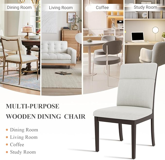 COLAMY Wooden Dining Chairs Set of 6, Modern Fabric Upholstered Kitchen Side Chairs, Farmhouse Ladder High Back Dining Room Chair with Foot Pegs - White