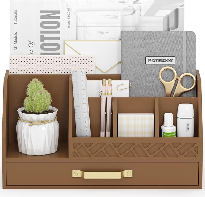 Bamboo Desk Organizer with Drawers, Mail Organizer Countertop Wood Desk Drawer Tabletop Storage Organization Pen Holder Letter Sorter Makeup Organizer for School Home Office (Brown)