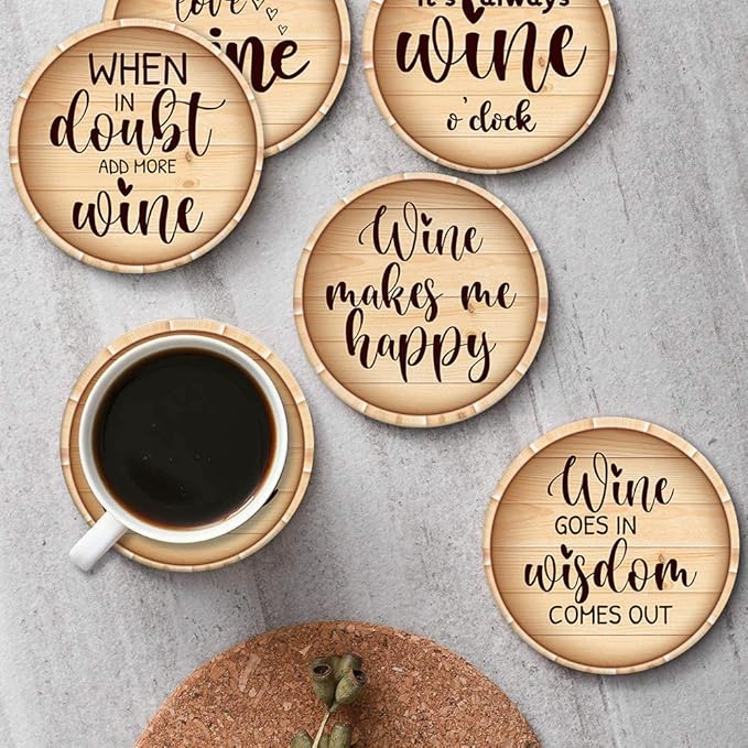 Britimes Coaster for Drinks Set of 6, Wine Stamp Wooden Wood Bottle Absorbent Round Ceramic Stone Mat, with Cork Base and Metal Holder, Gift for Housewarming Room Bar Decor