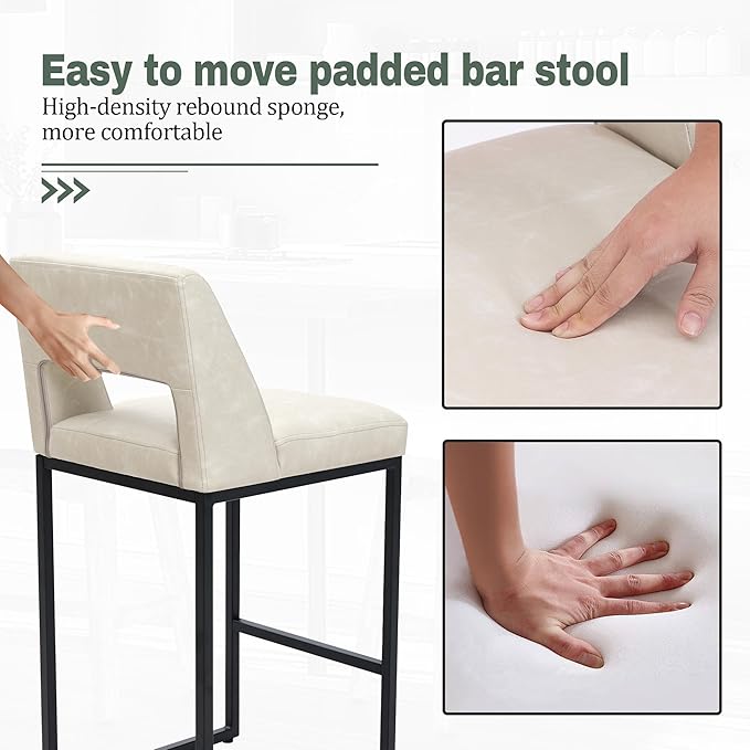 Counter Height Bar Stools Set of 4 for Kitchen Counter Modern Bar Chairs with Backs 26 Inch for Kitchen Island with Upholstered Faux Leather Seat and Metal Frame, Beige