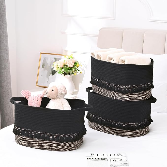 6 Pack Storage Basket for Shelves, Boho Cotton Rope Storage Bins with Heavy Tassel, Shelf Baskets Large Woven Baskets for Organizing, Cube Organizer Bins, Baby Laundry Basket for Clothes, Toys, Pets
