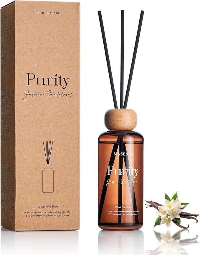 M&SENSE Jasmine Sandalwood Reed Diffuser: 6.3 fl oz Non-Toxic Aroma Set with Sticks, Light & Subtle Fragrance, Long-Lasting Natural Essential Oil Gifts for Bedroom, Shelf Decor & Small Spaces