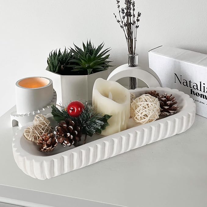 Oakrain Wooden Decorative Bowl, Dough Bowl for Home Decor, 16" Table Centerpiece Bowl with Hand Carved Vertical Stripes for Farmhouse Boho Rustic Style, White