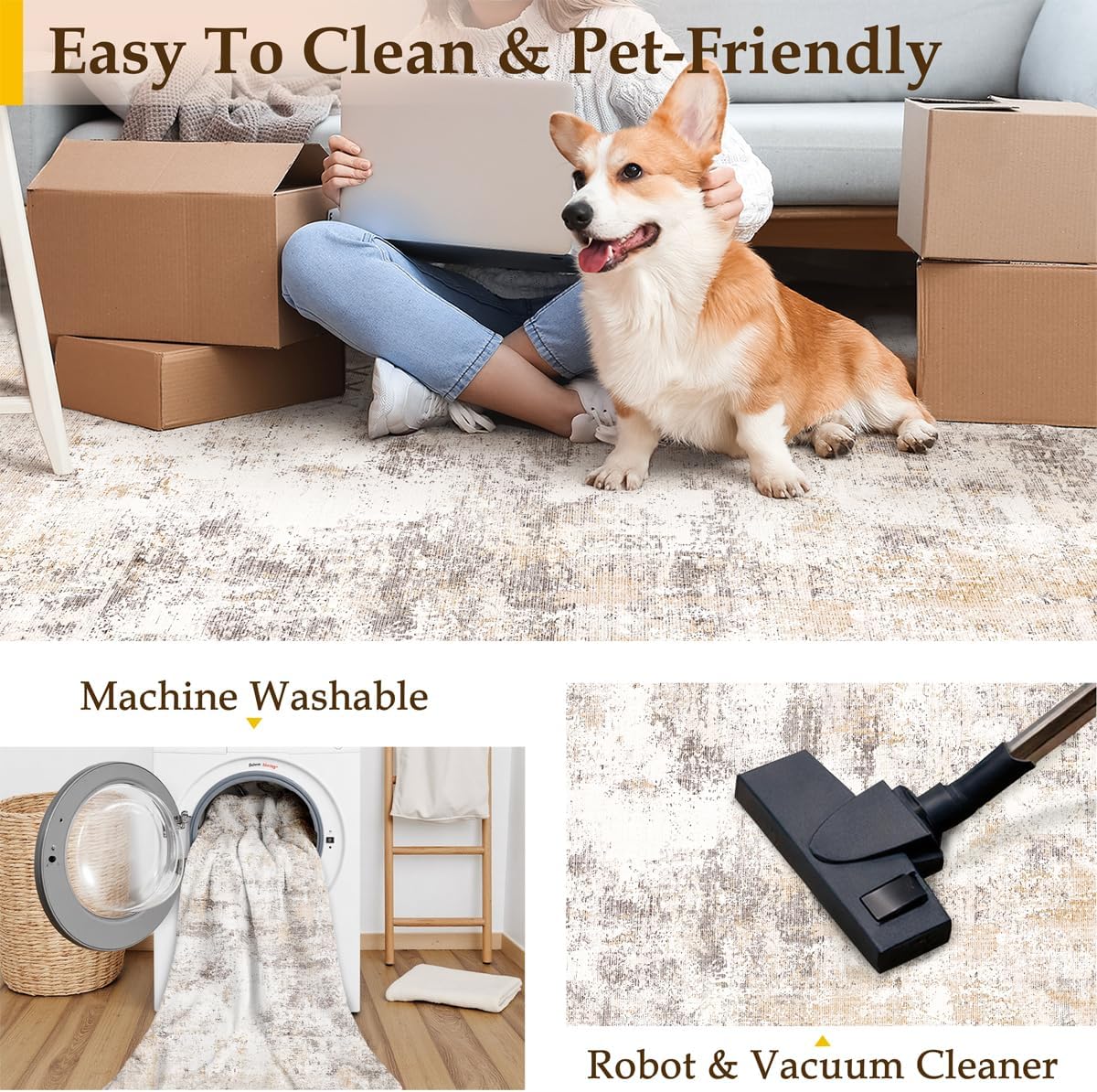 10x12 Washable Area Rug Beige Grey Neutral Abstract Living Room Bedroom Large Throw Rug Non Slip Soft Low Pile Indoor Floor Carpet for Dining Room Kitchen Office Entryway