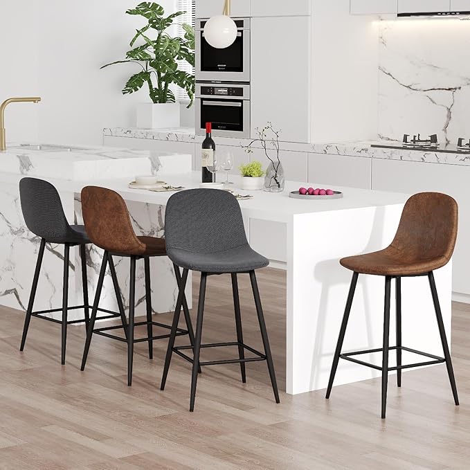Barstools Set of 4, 24.6" Counter Height Bar Stools with Back & Metal Footrest, Modern Island Chairs Set of 4 for Kitchens Island Home Bar(2 Brown & 2 Grey)