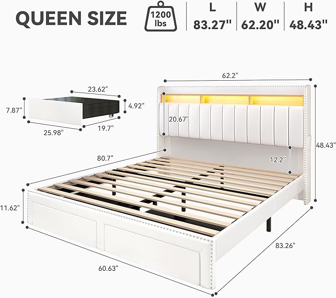Torana Queen LED Bed Frame with 2 Drawers, PU Leather Upholstered Storage Wingback Headboard Beds, Channel Tufted Platform Bedframe with Rivet Decor, No Box Spring Needed, White