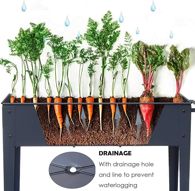 Piksedo Raised Garden Bed, Elevated Planter Metal Plant Box with Legs Standing Garden Stand Drainage Holes Frosted Black