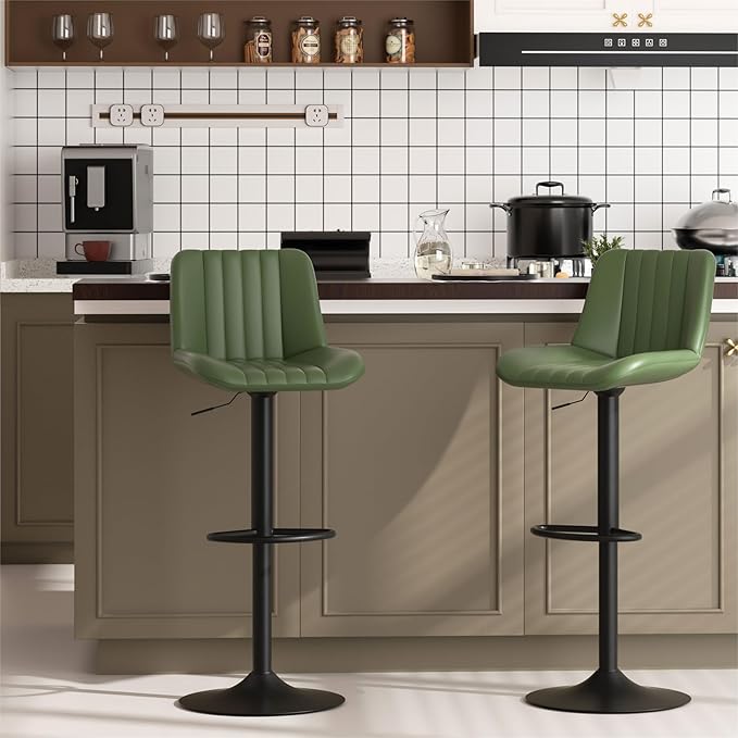 JAMFLY Bar Stools Set of 2, Swivel Bar Height Chairs Set of 2, Adjustable Tall Leather Bar Stools for Kitchen Island, Green