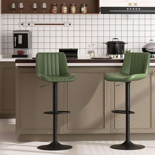 JAMFLY Bar Stools Set of 2, Swivel Bar Height Chairs Set of 2, Adjustable Tall Leather Bar Stools for Kitchen Island, Green