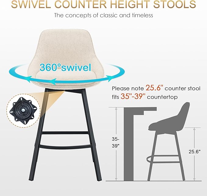 Zesthouse Swivel Counter Stools Set of 2, 26'' Modern Counter Height Barstools with Low Backs & Metal Legs, Upholstered Counter Height Barstools, Beige Linen Fabric Bar Stools for Kitchen Island