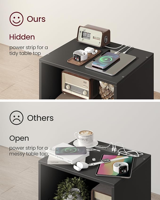 Record Player Stand, 3-Tier Side End Table with Charging Station, Turntable Stand Up to 160 Albums, Vinyl Storage Cabinet Dispaly Shelf for Living Room, Classic Black