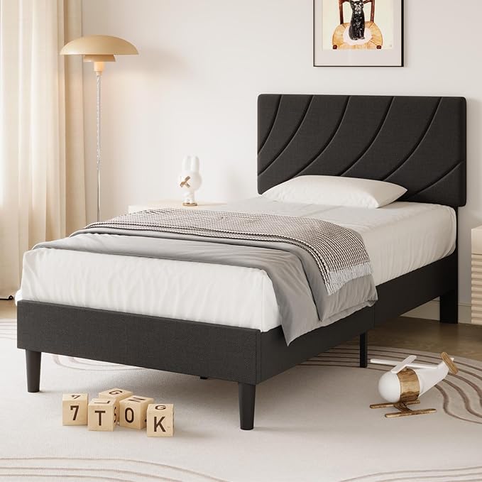 HOMBCK Twin Size Bed Frames, Black Twin Bed Frame with Linen Fabric Upholstered Headboard and Wooden Slats Support,Adjustable Headboard, No Box Spring Needed, Noise-Free, Easy Assembly, Black