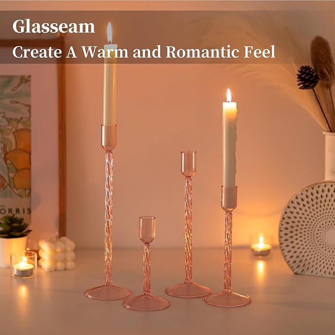 Glasseam Glass Candlestick Holders Pink: Set of 4 Tall Taper Candle Holders for Candlesticks Decorative Tapered Candles for Table Centerpiece Wedding Christmas Home Decor