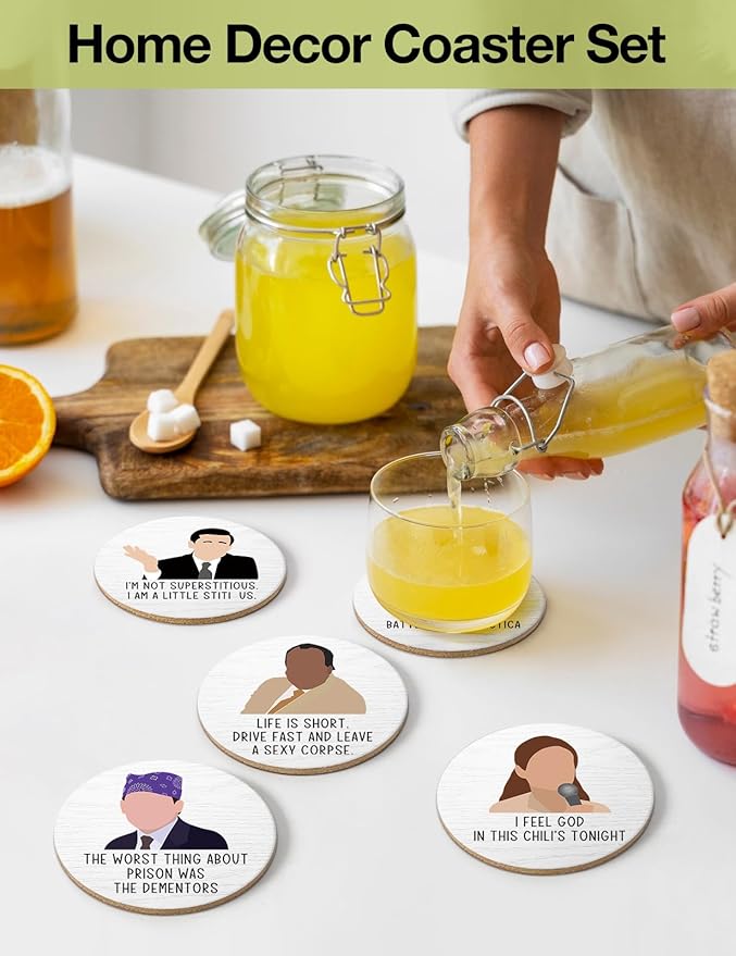 Funny The Office Themed Coasters for Drinks - New Girl Merchandise Coasters Set of 6 with Holder, New Girl Merch TV Show Gifts for Coffee Table, The Office Gifts for Man Women Fans