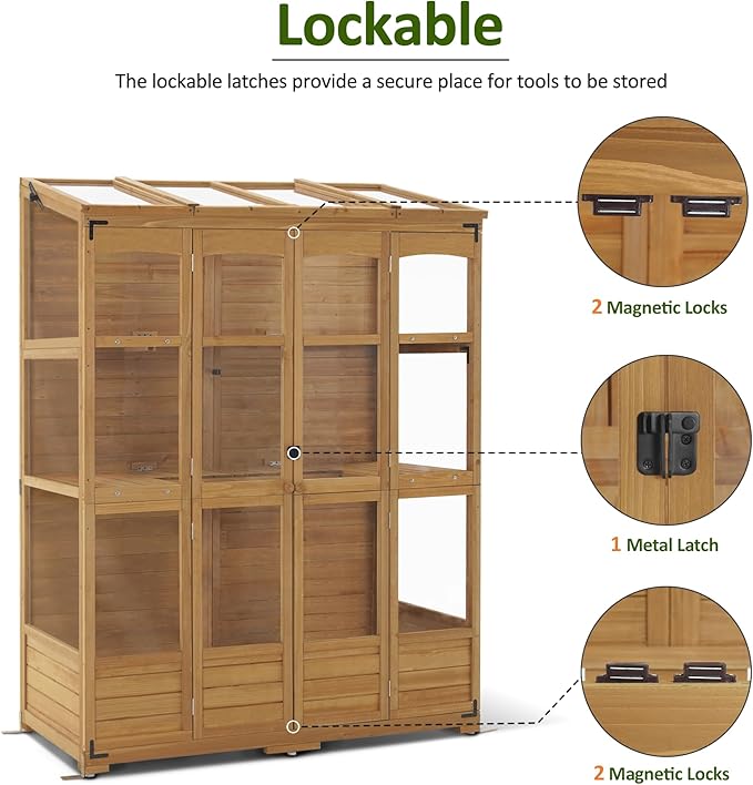 MCombo Wooden Greenhouse, Walk-in Outdoor Greenhouse with Openable Roof and Lockable Door, 0899 (Natural)