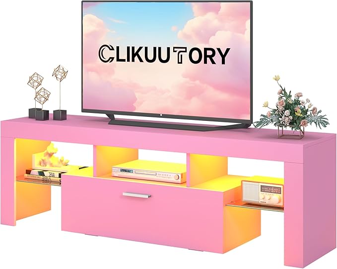Clikuutory Modern Lighting 51 inch TV Stand with Large Storage Drawer for 32 40 50 55 Inch TVs, TV Console with 20 Color LED Lights, Entertainment Center Media and Open Shelf for Bedroom, Pink