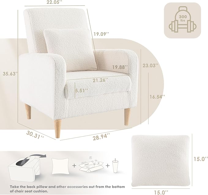 COLAMY Sherpa Upholstered Accent Chair Armchair with Pillow, Fabric Reading Living Room Side Chair,Single Sofa with Lounge Seat and Wood Legs, Cream
