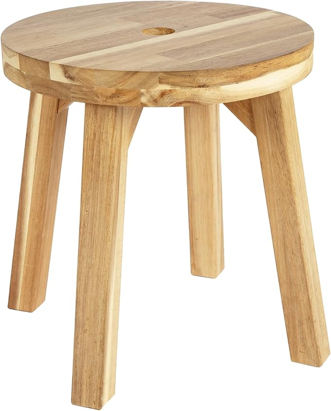 Nakina Stool 12" with Drain Hole – Acacia Wood, Compact & Water-Resistant for Bathroom, Kitchen & Patio