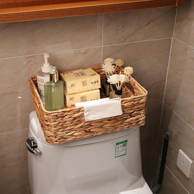 Rectangular Water Hyacinth Storage Baskets, Wicker Storage Baskets for Shelves, Square Shallow Basket, Woven Drawer Basket With Handle, 15.2” L x 12” W x 4.7” H