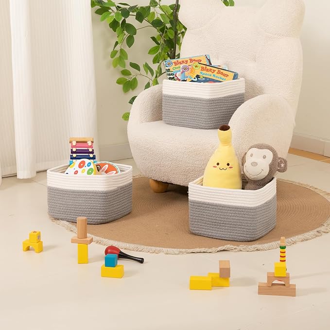 OIAHOMY 9”x9”x7” Storage Cubes, Cotton Rope Woven Baskets for Organizing, Cube Storage Bin, Small Gift Basket for Shelf, 3-Pack, Grey&White