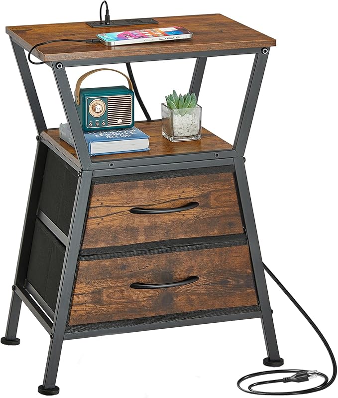 Nightstand with Charging Station, Side Tables for Bedroom with Built-in USB Side Table with 2 USB Ports and Outlets Nightstand with Cloth Drawer End Tables Living Room Sofa Couch
