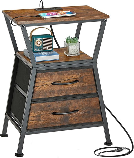 Nightstand with Charging Station, Side Tables for Bedroom with Built-in USB Side Table with 2 USB Ports and Outlets Nightstand with Cloth Drawer End Tables Living Room Sofa Couch