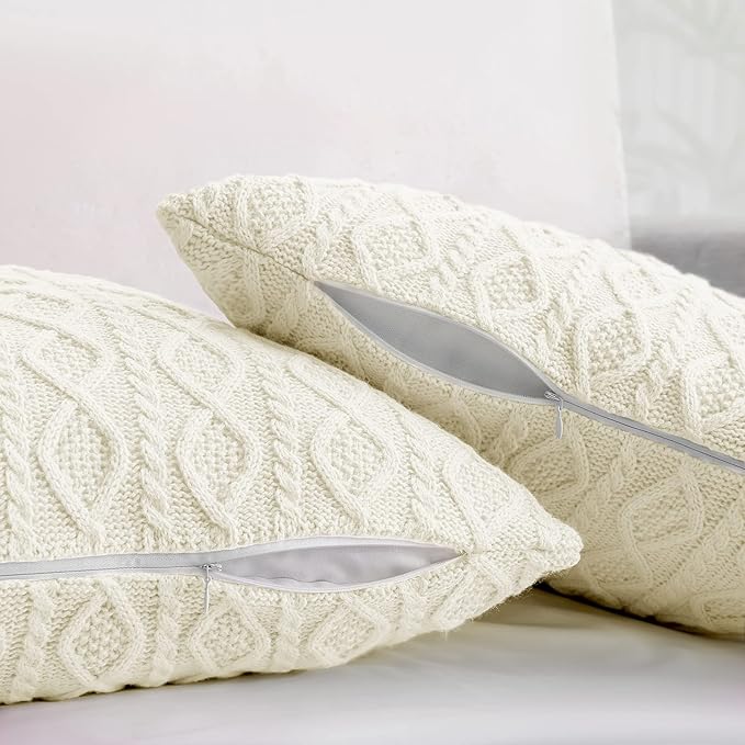 Homiest Cable Knit Throw Blanket & Pillow Set, Cream White Set of 3, Knitted Blanket (50"x60") & 2 Pillow Covers (18"x18"), Soft & Cozy Decorative Set for Couch, Bed, Sofa