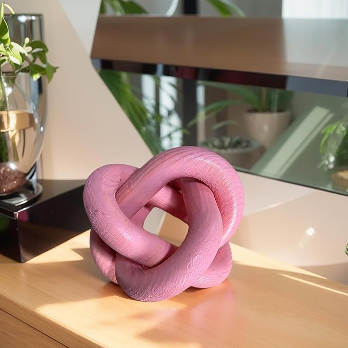 Wood Knot Decor -Coffee Table Decor Shelf Decor Table Books Hand Carved Home Decoration Boho Country Rustic Modern Shabby Chic Style Decor 3 Link Wooden Knot Chain Link Decor (Pink)