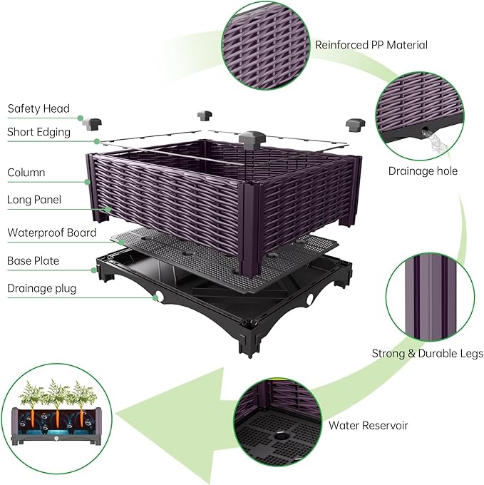 Raised Garden Bed Garden Planter Box with Drainage Holes, Plastic Raised Beds for Gardening Vegetables Herb Flowers,Garden Beds Outdoor for Garden Patio Deck Balcony