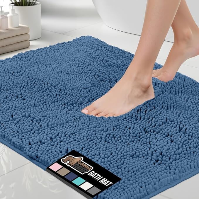 GORILLA GRIP Bath Rug Mat, Thick Soft Absorbent Chenille, Quick Dry Microfiber Mats, Rubber Backing Washable Shower Floor Rugs, Bathmat Runner, US Designed Bathroom Home Decor Accessories 24x17, Blue