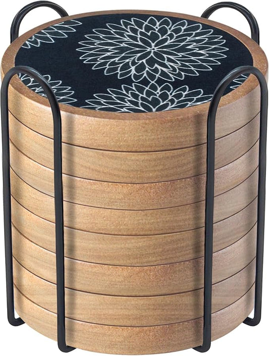 Wood Coasters Set of 8 with Holder, Cewiru Cup Mat for Drinks, Absorbent Coasters with Felt Insert for Coffee Table Protection, Modern Style Home Dining Table Decor, 4.3" Black