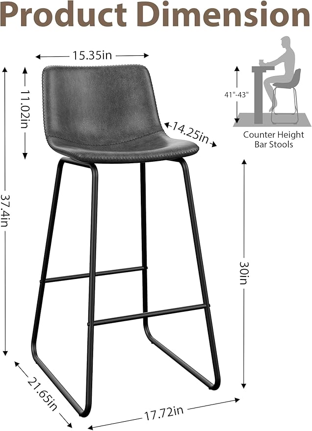 Bar Stools Set of 2, 30 Inches Counter Height Bar Stools with Back, Modern Faux Leather Barstools with Metal Legs and Footrest, Bar Chairs for Kitchens Island (Gray)