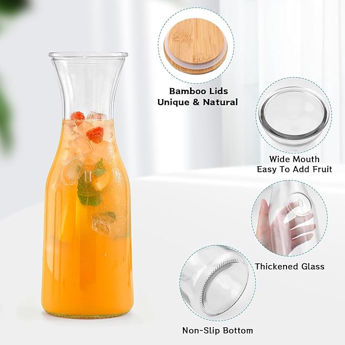 Glass Carafe with Bamboo Lid,35 Oz Beverage Dispensers Carafe,Mimosa Bar Supplies,Clear Glass Pitcher with Name Labels for Iced Tea,Coffee,Juice(Set of 4)